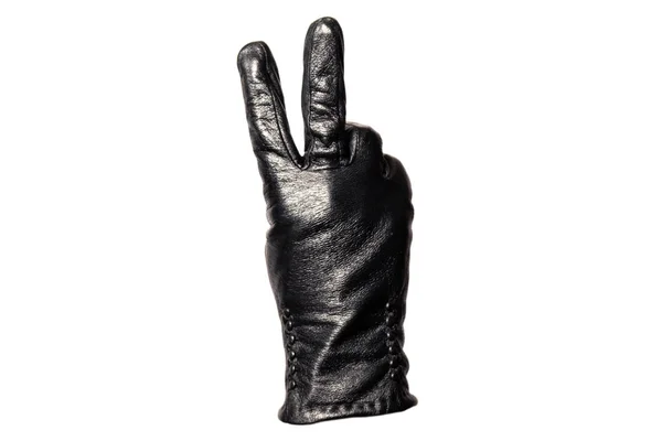 Detailní Černá Kožená Rukavice Prsty Ukazující Číslo Dvě Izolované Bílém — Stock fotografie