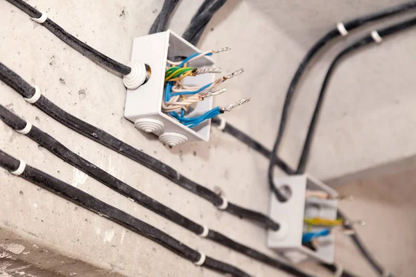 Cable laying ceiling. Electrical wires on wall. Wiring replacement. Connecting light flat or office. Professional installation bulb, electrical outlet, cables, wires, switches. Insulation — Stock Photo, Image