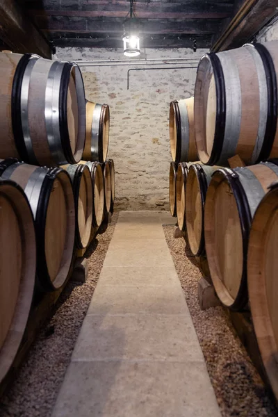 Barris de madeira do carvalho do vinho empilhados em fileiras retas na ordem, c velho — Fotografia de Stock