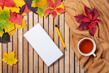 Tasarımınız için sonbahar kartı, fotokopi alanı ile üst görünüm. Sıcak çay., 