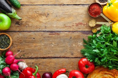 Çeşitli taze ürünlerin üst görüntüsü, sağlıklı beslenme, diyet konsepti