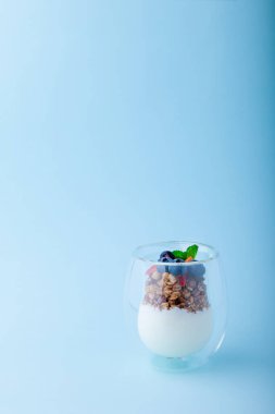 Beyaz yoğurt ve taze çilekli granola, yabanmersini, bardakta nane.