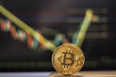 Bitcoin altın sikke ve ufuk grafik arka planı. 