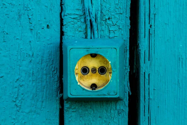 Close View Old Power Socket Blue Old Wooden Background — Stock Photo, Image