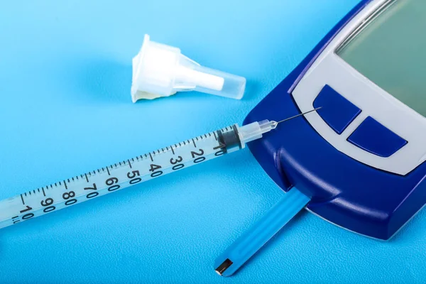 Insulin syringe injections and glucometer for measuring blood sugar