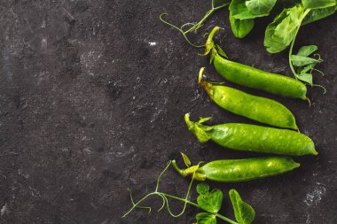 Taze, yeşil bezelye roew üstten görünüm kopya alanı ile koyu arka plan üzerinde