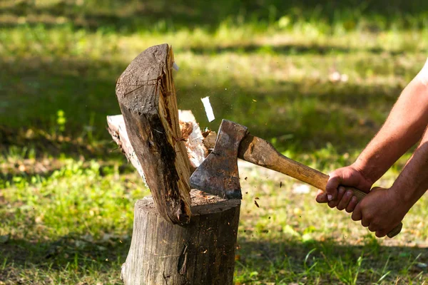 Young Man Chopping Wood Forest — Stock Photo, Image