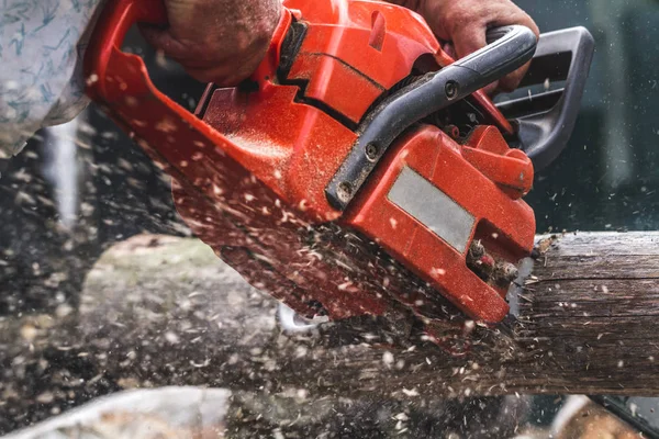 Detaljvy Mannen Skär Trä Med Elektrisk Såg — Stockfoto