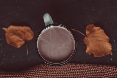 Koyu arka plan üzerine düşen yapraklar arasında sıcak kakao fincan üstten görünüm.