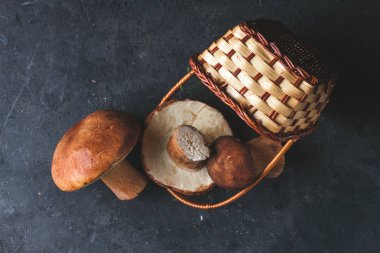 Orman mantar sepeti koyu arka plan üzerine saçılan üstten görünüm