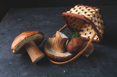 Ayrıntı görünümü sepeti koyu arka plan üzerine saçılan orman mantar