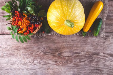 Kabak, salatalık ve kabak ahşap arka plan üzerinde kırmızı, turuncu ve siyah dağ kül, taze, dalları sarı. 