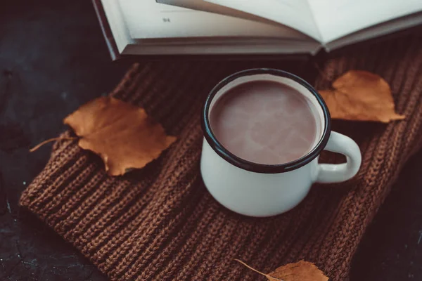 Cup of warm cocoa and book on knitted scarf.