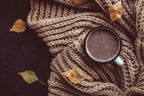 Top view of cup of cocoa on brown knitted scarf on dark background with fallen leaves.