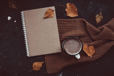 Günlük, fincan sıcak kakao, kahverengi örgü atkı ve sonbahar koyu arka plan üzerinde bırakır..