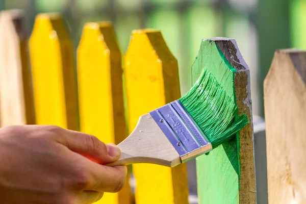 Painting a wooden fence with green paint