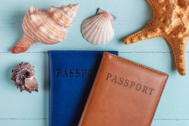 Kavram seyahat, tatil, deniz gezisi. Pasaportlar, kabukları ahşap arka plan üzerinde. Tatil. Düz yatıyordu, en iyi görünüm. Turizm