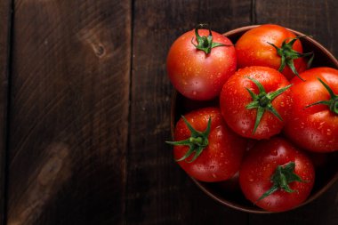 Karanlık bir arka plan üzerine bir tabak taze domates. Domates hasat. Üstten görünüm, kopya alanı