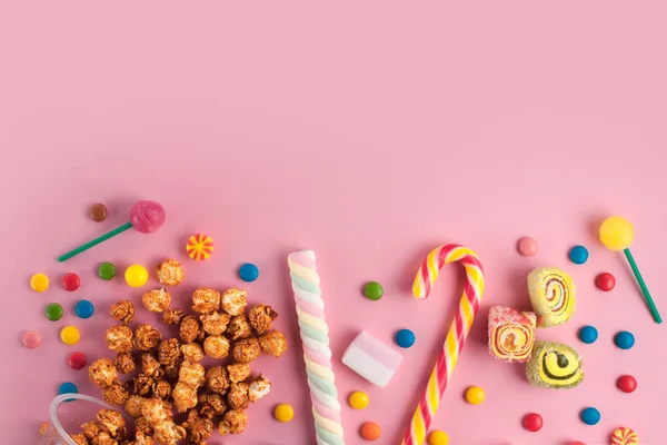 Colored Different Sweets Lollipops Marshmallows Caramel Popcorn Pink Background Copy — Stock Photo, Image