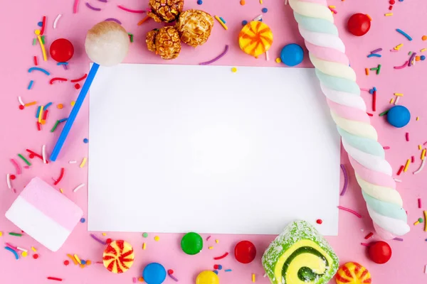 Frame Text Background Different Sugar Children Sweets Candies Pink Background — Stock Photo, Image