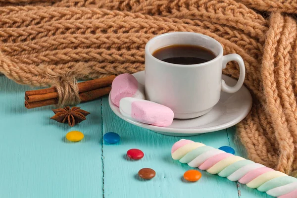 Cup Coffee Knitted Brown Scarf Cinnamon Marshmallow Multicolored Sweets Anisetree — Stock Photo, Image