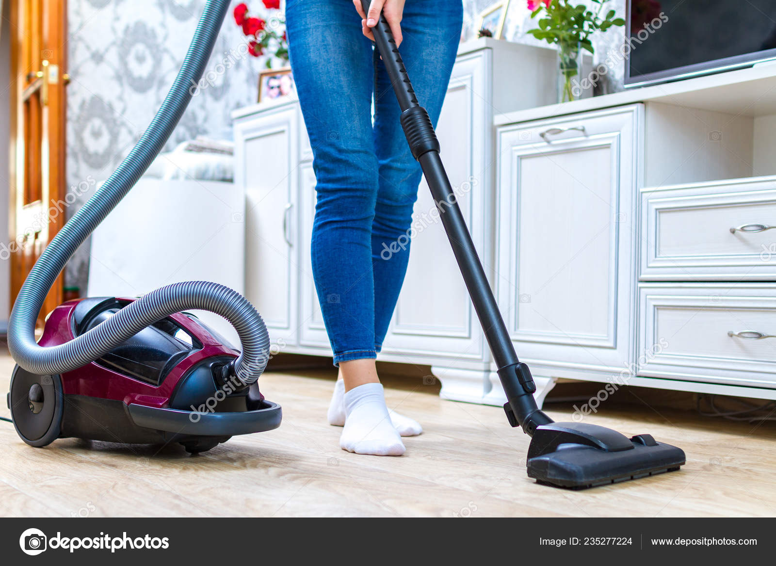 Vacuum Cleaner Room Cleaning Young Woman Cleaning Floor Living Room