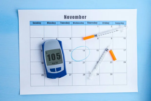 Glucometer Injecties Voor Insuline Liggen Kalender Wereld Diabetes Dag November — Stockfoto