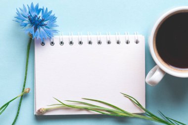 Bahar arka plan. Peygamber, bir fincan sıcak kahve ve mavi bir arka plan üzerinde metin için çerçeve. Uzay kopyalayın. Mockup