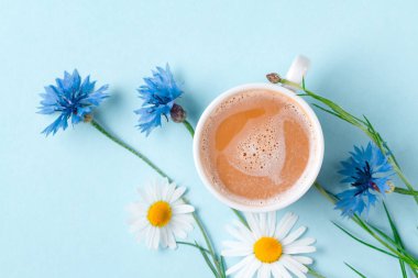 Bahar arka plan. Peygamber, papatya ve mavi bir arka plan üzerinde sıcak kahve. Üstten görünüm 