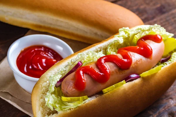 Tasty Hot Dog Ketchup — Stock Photo, Image