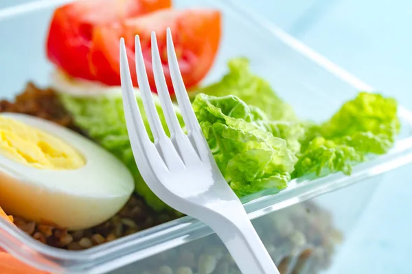 Sağlıklı Sağlıklı Gıda Plastik Bir Kap Içinde Öğle Yemeğinde Yemek — Stok fotoğraf