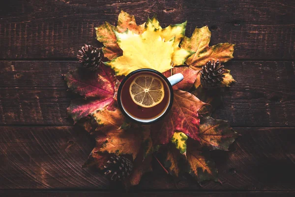 Szyszki Kubek Gorącej Herbaty Cytryną Tle Drewnianych Jesień Napoje Jesienna — Zdjęcie stockowe