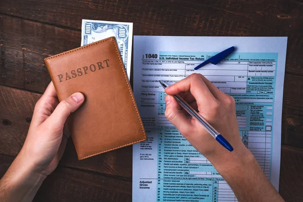Filling Tax Form Tax Form 1040 Passport Money Wooden Table — Stock Photo, Image