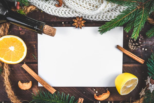 Ingredients for the preparation of hot mulled wine. Frame for text, copy space. Top view. Flat lay. Mulled wine background. Winter drinks. Christmas, cozy evening