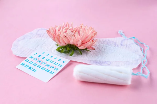 Almohadillas Tampones Para Menstruación Calendario Femenino Una Flor Rosa Sobre — Foto de Stock