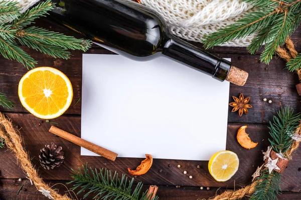Ingredients for the preparation of hot mulled wine. Frame for text, copy space. Top view. Flat lay. Mulled wine background. Winter drinks. Christmas, cozy evening