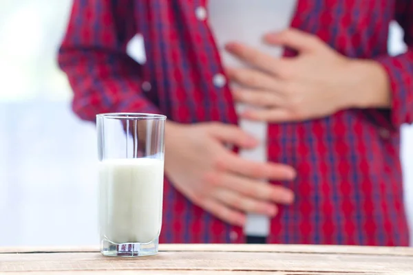 Woman Feels Bad Has Upset Stomach Bloating Due Lactose Intolerance — Stock Photo, Image
