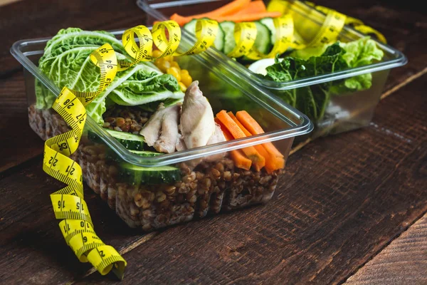 Здорове Дієтичне Харчування Пластиковій Тарі Вимірювальній Стрічці Обідня Коробка Харчування — стокове фото