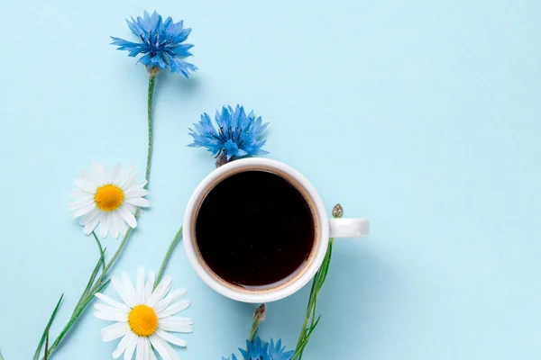Tło Wiosna Chabry Rumianku Filiżankę Gorącej Kawy Niebieskim Tle Widok — Zdjęcie stockowe