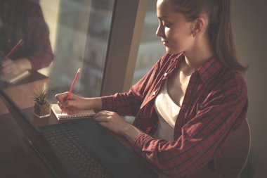 Online yeni bir proje üzerinde çalışıyor ve yeni fikirler not defterine yazmak için bir dizüstü bilgisayar kullanarak serbest meslek. 