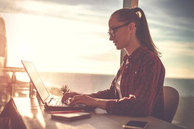 Güzel genç iş kadını online çalışma vasıl ev ile bir dizüstü bilgisayar gözlük. 