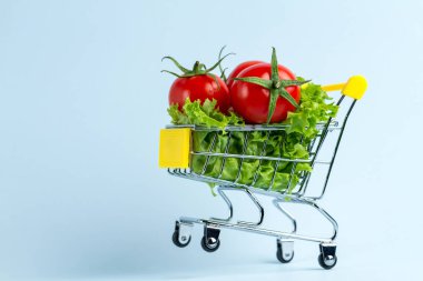 Diyet kavramı. Taze domates ve marul bir alışveriş arabası. Sağlıklı gıda ve doğru beslenme. Doğru bir konsepti yemek 