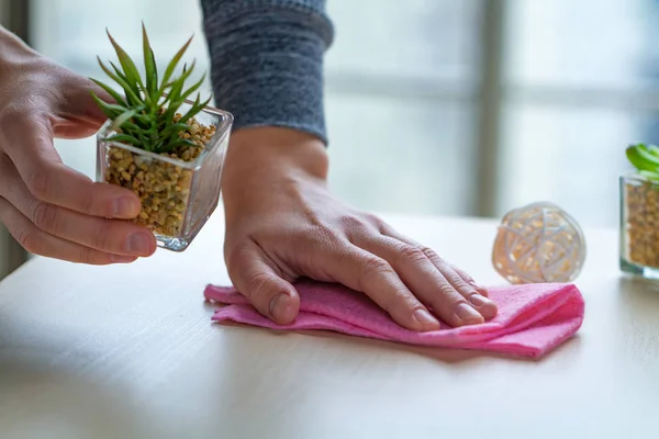 Housewife Engaged Cleaning House Wipes Dust Table Rag Cleaning Housework — Stock Photo, Image