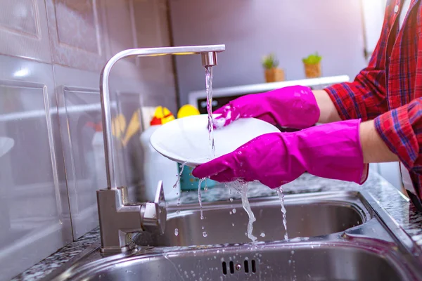 Housewife Rubber Colored Gloves Washing Dishes Yellow Sponge Kitchen Home — Stock Photo, Image