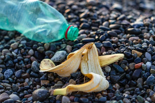 Rejet Plastique Déchets Alimentaires Dans Mer Vers Rivage Bouteille Plastique — Photo