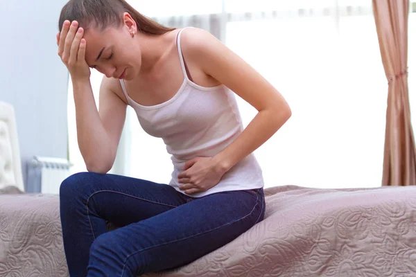 Young Woman Feels Bad Experiences Abdominal Pain Period Pms Menstruation — Stock Photo, Image