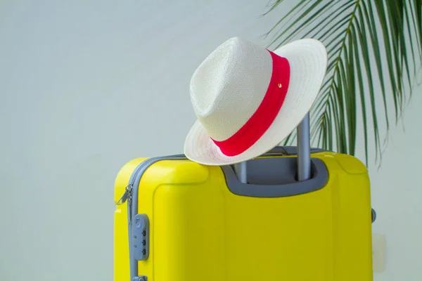 Valise Jaune Chapeau Branche Palmier Pour Voyage Vacances Planification Des — Photo