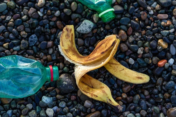 Discharge of plastic and food waste in the sea, to the shore. Plastic bottle and peel from a banana on a pebble beach. Environmental pollution