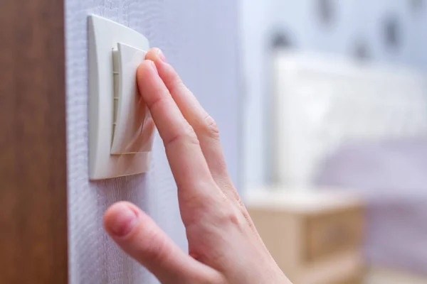 Hand White Wall Switch Turning Light Room — Stock Photo, Image