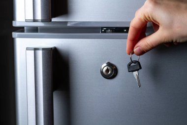 Metal buzdolabı kapı kilidi ile. Depolama gıda ve dondurma. Diyet 
